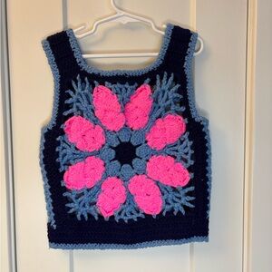 Toddler Vintage Handmade crochet tank top with pink flower design 4T